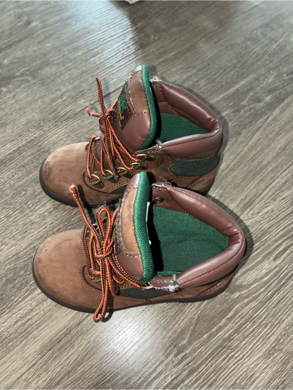Timberland Kids Brown Leather Hiking Boots with Green Trim - Picture 3 of 6